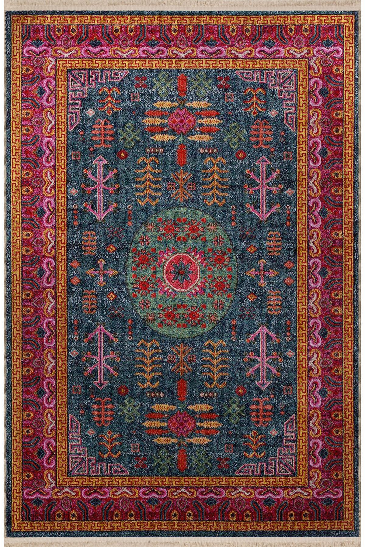 Yeşil Temalı Çok Renkli Geleneksel Motif Desenli Kreatif Vintage Dekoratif Halı 2768