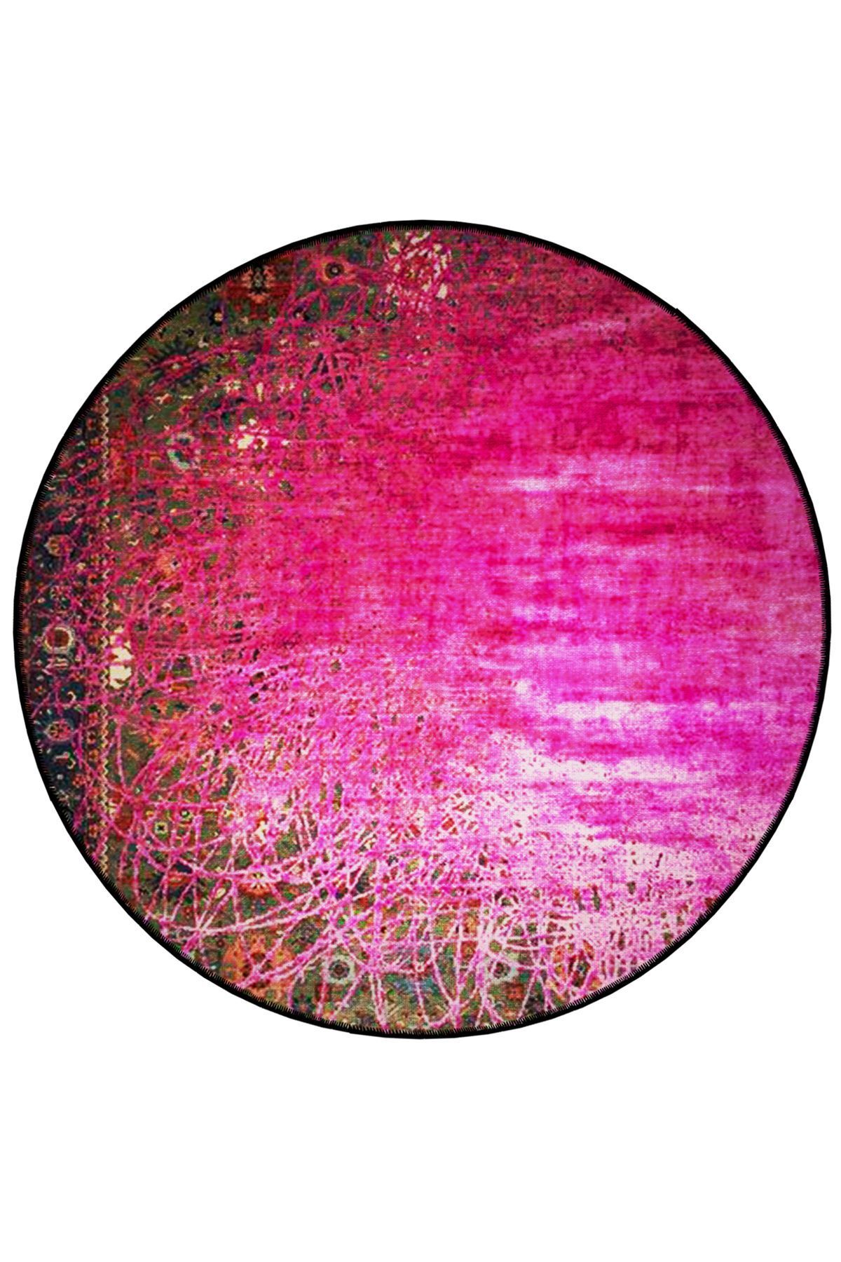 Mira Yuvarlak Antik Zeminde Pembe Çizgiler Detaylı Dokuma Taban Modern Dekoratif Halı 5698