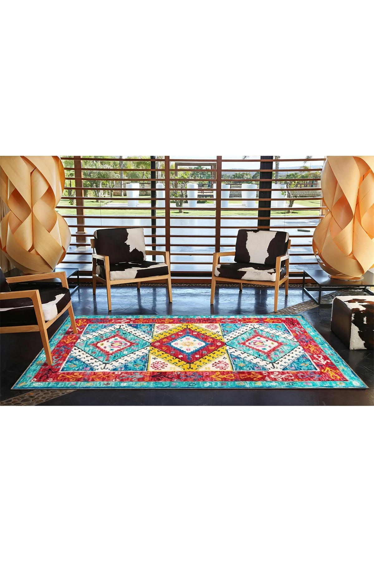 Sarı Mavi Kırmızı Geometrik Desenli Dokuma Taban Halı 4259