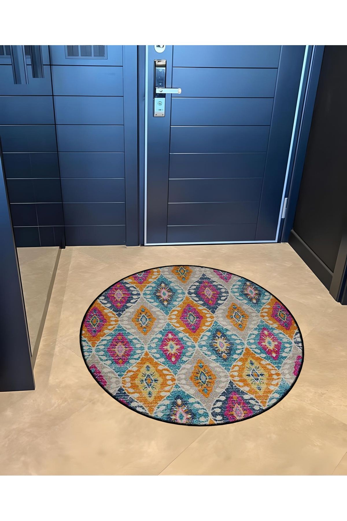 Shape Koleksiyonu Yuvarlak Siyah Overlok Detaylı Çok Renkli Desenli Dokuma Taban Halı shape124