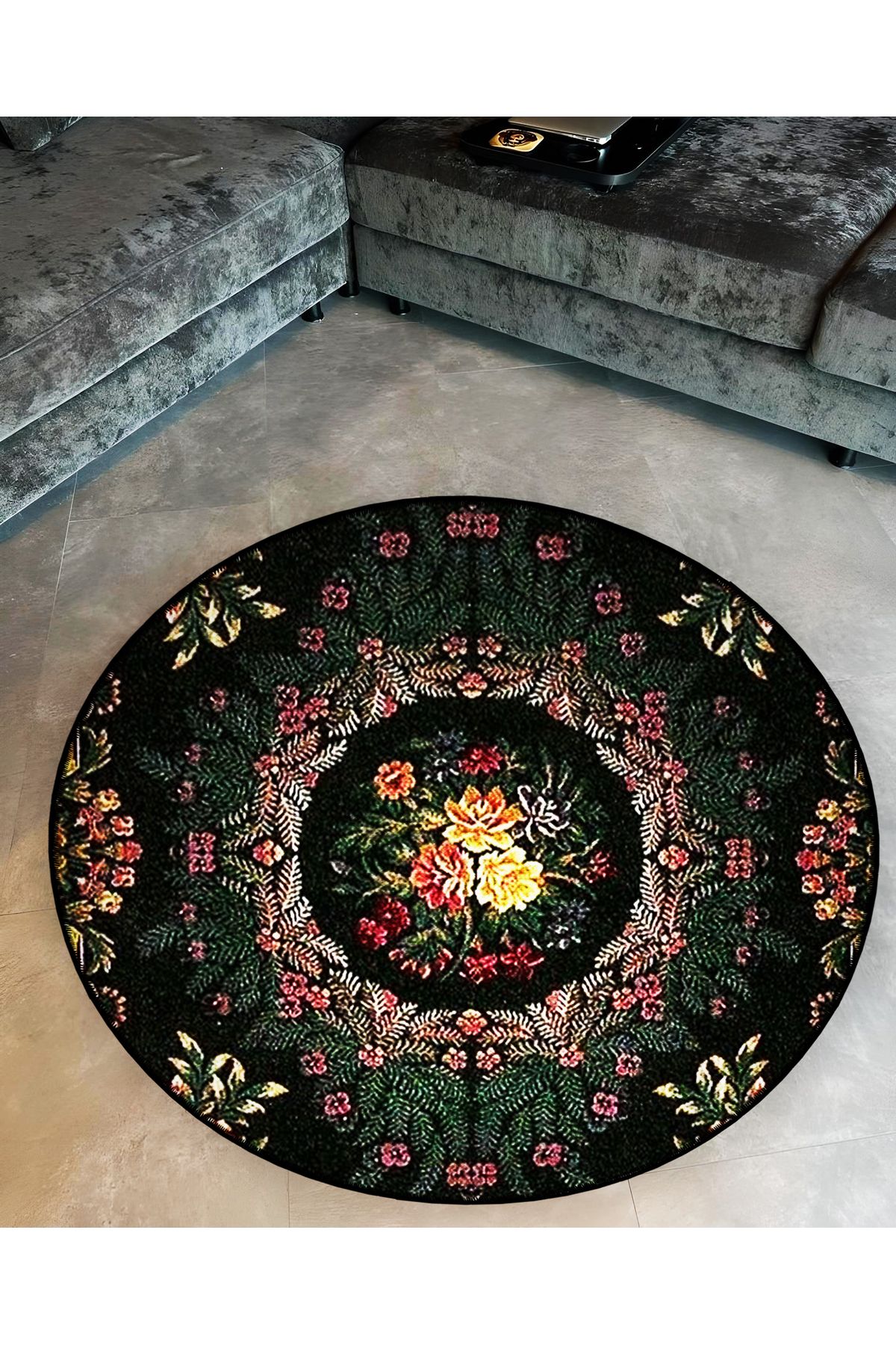 Koyu Yeşil ve Siyah Tema Çiçek ve Motif Desenli Yuvarlak Dokuma Taban Vintage Dekoratif Halı 6198