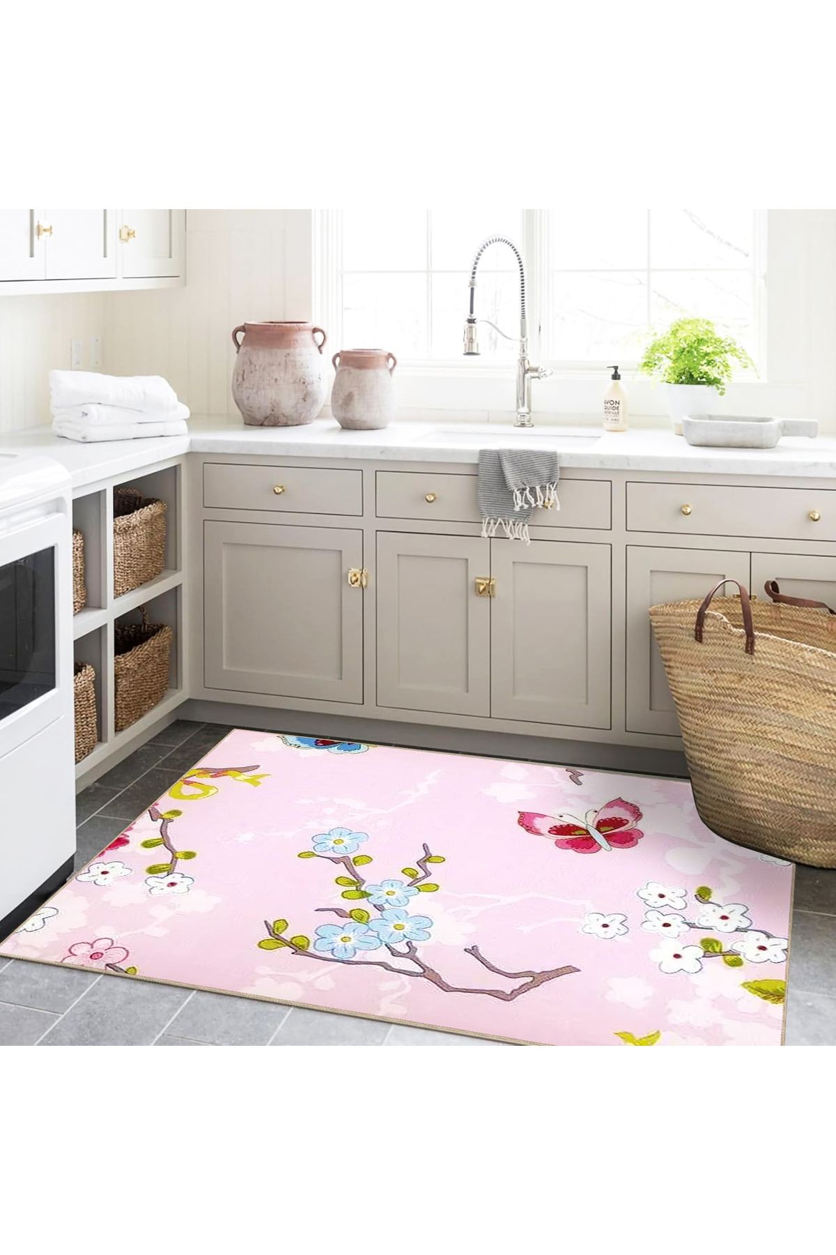 Seda Koleksiyonu Pembe Temalı Kelebek ve Çiçek Detaylı Dokuma Taban Modern Dekoratif Halı seda10