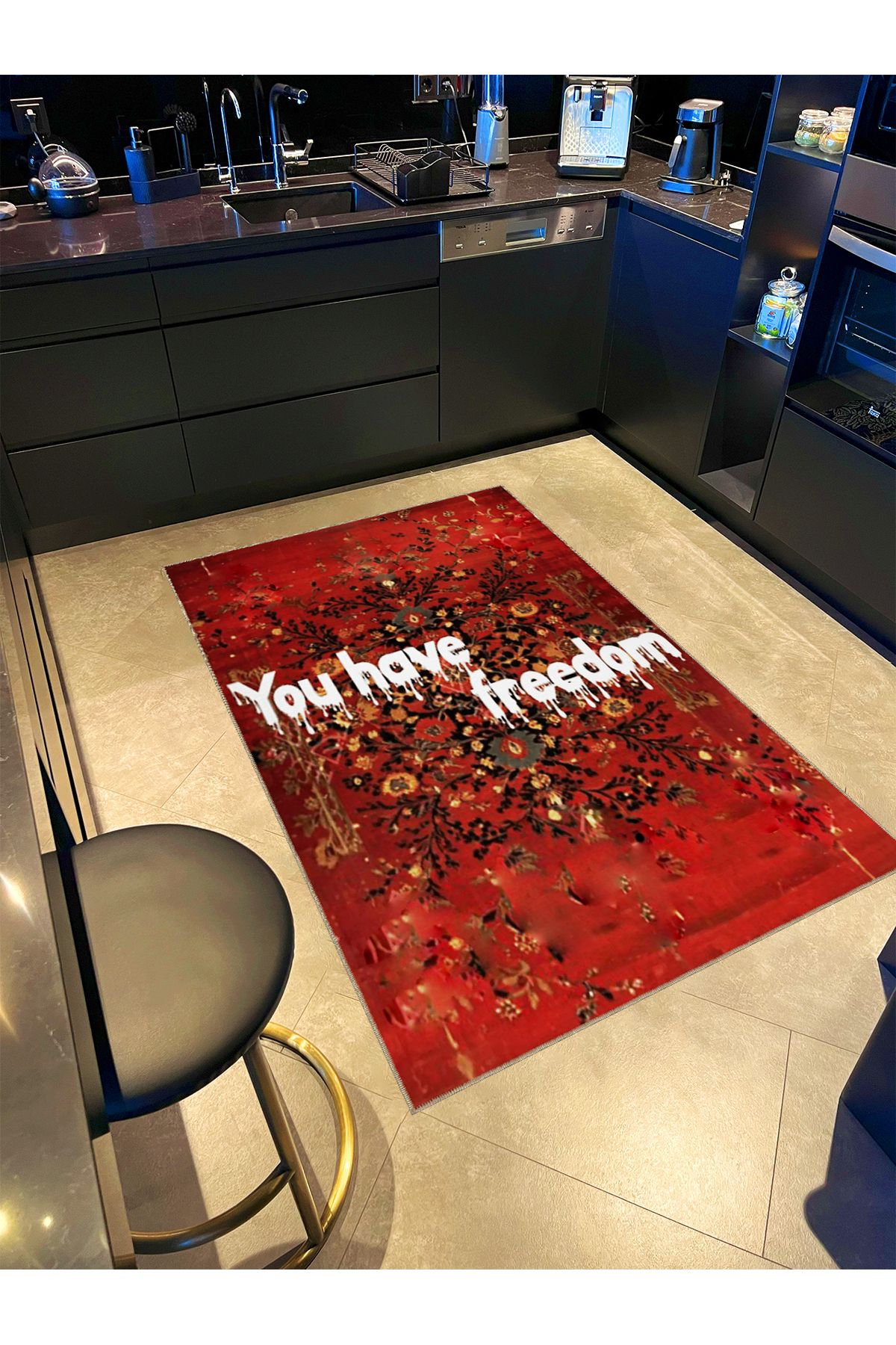Written Koleksiyonu Bordo Tema You Have Freedom Yazılı Desenli Modern Dekoratif Halı 07