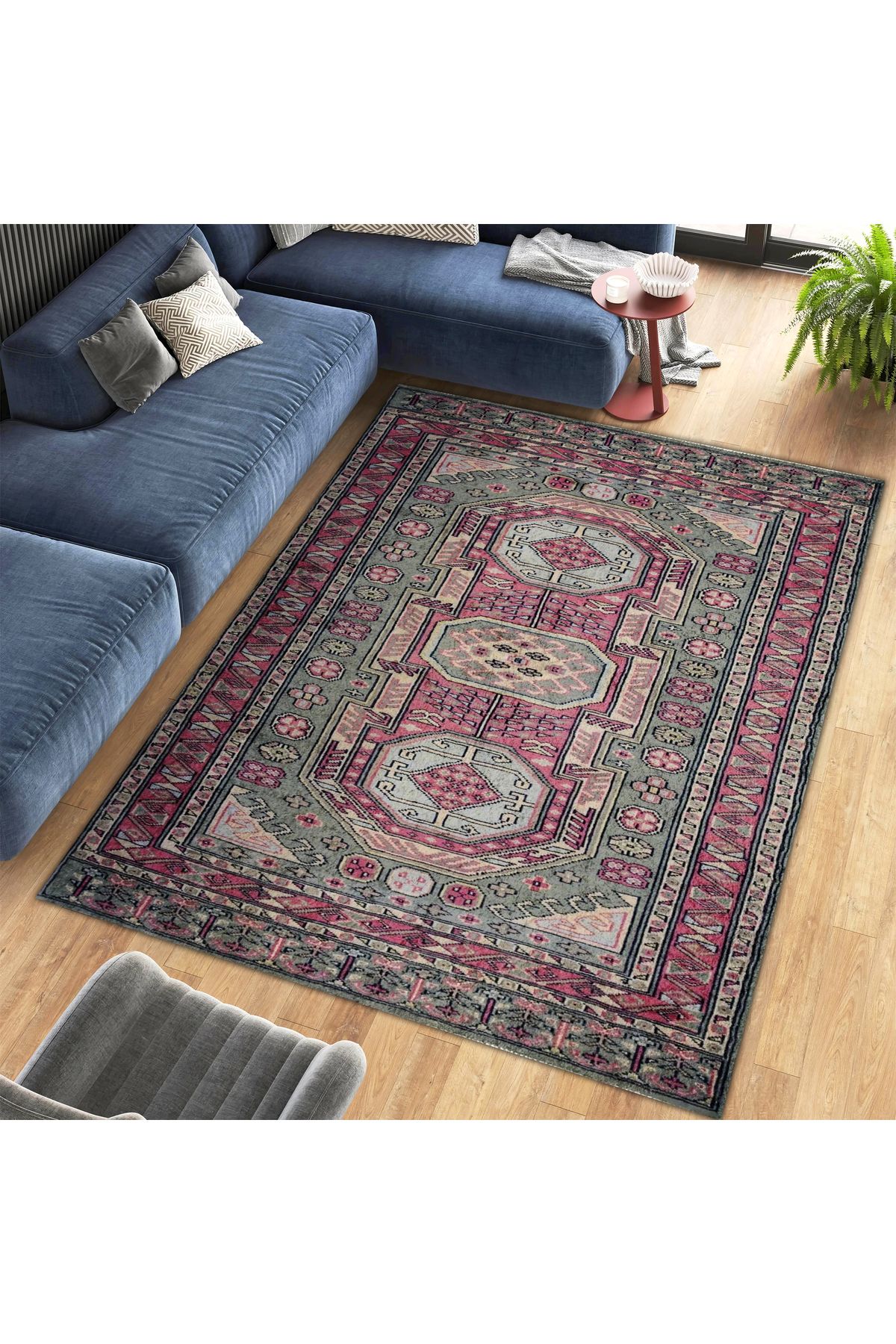 Asena Koleksiyonu Yeşil ve Pembe Temalı Geleneksel Motif Desenli Vintage Dekoratif Halı 02