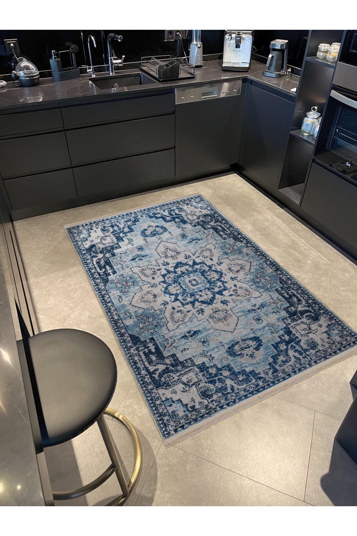 Mavi Temalı Geleneksel Motif Desenli Kreatif Vintage Dekoratif Halı 2966