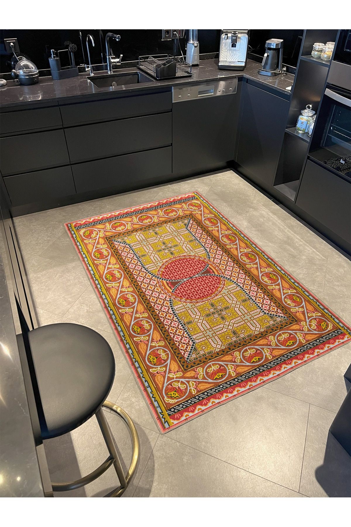 Turuncu Temalı Çok Renkli Motifli Etnik Çiçek Desenli Vintage Dekoratif Halı 3419