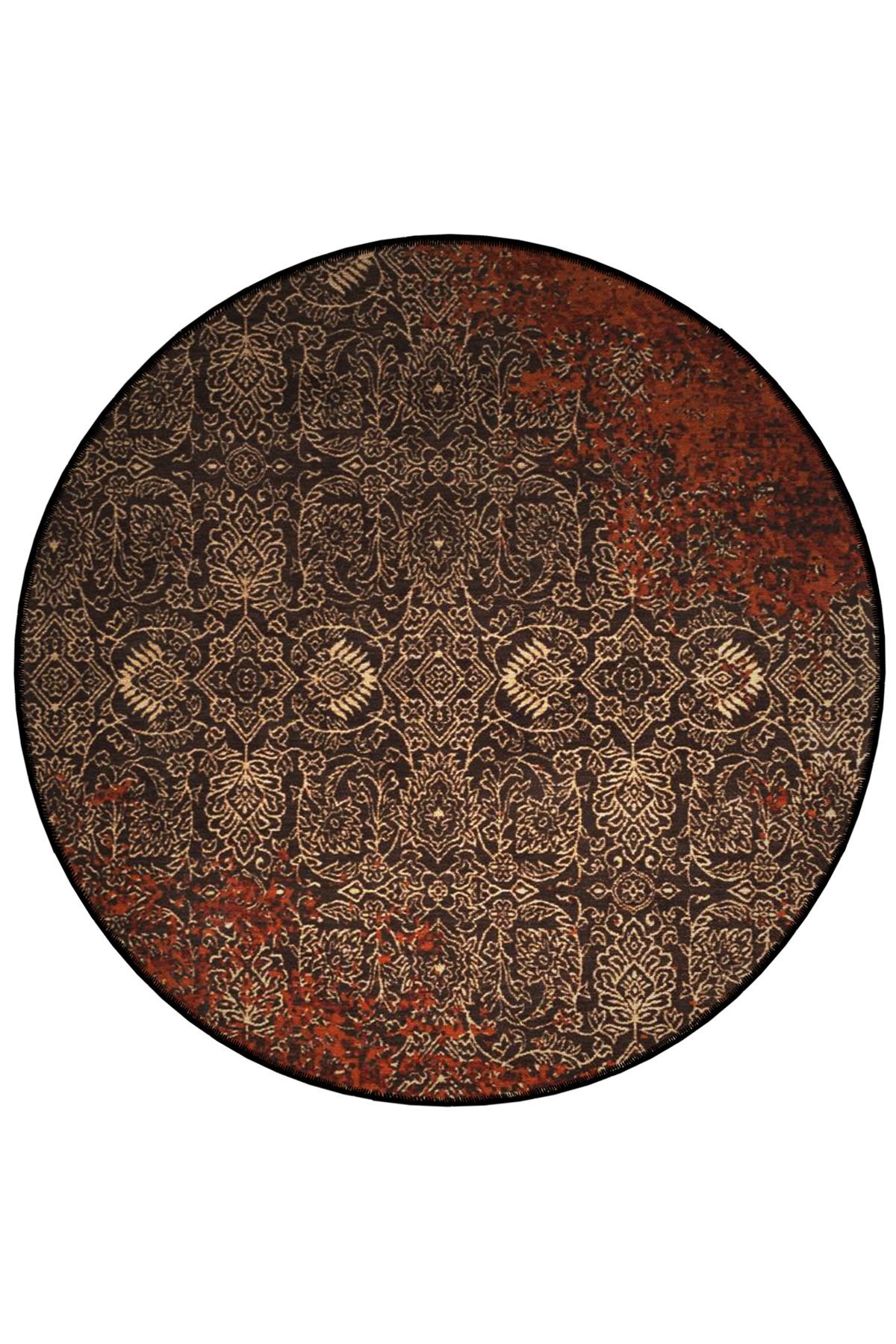 Mira Yuvarlak Kahve Tonlarda Antik Desen Detaylı Dokuma Taban Modern Dekoratif Halı 5707