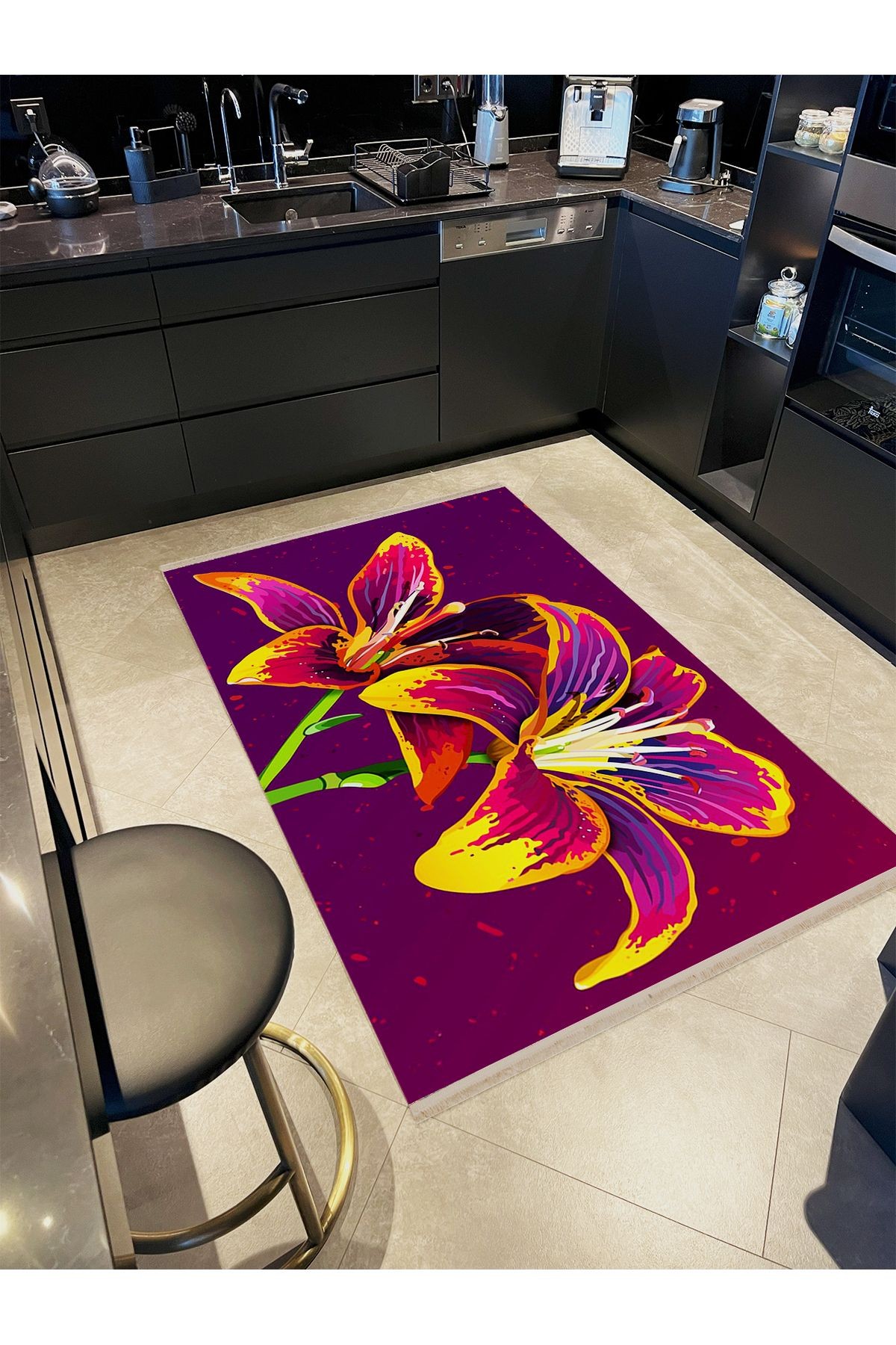 Yılmaz Koleksiyonu Mor ve Sarı Tonlarda Floral Zambak Desenli Modern Dekoratif Halı 13