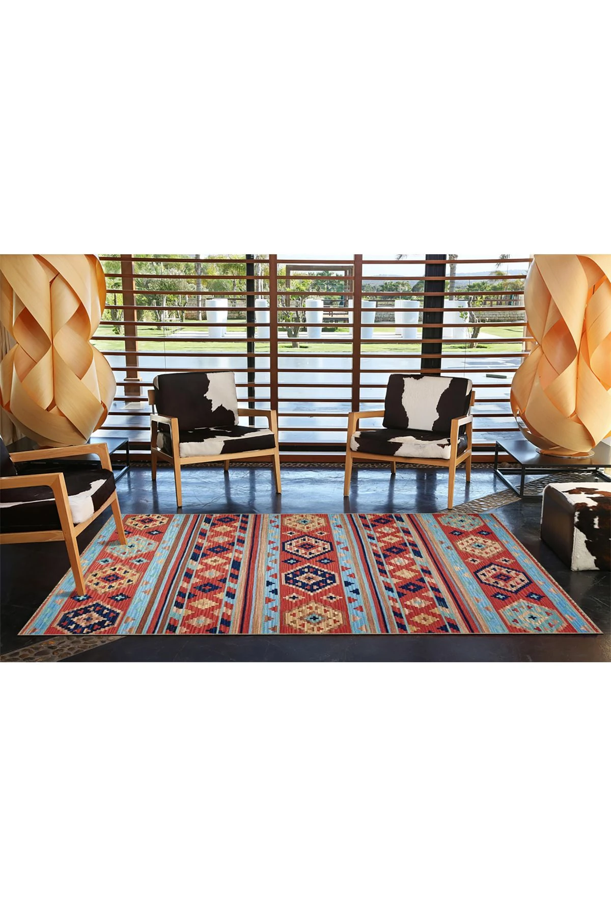 Kırmızı Renklerde Baklava ve Geometrik Desenli Modern Dekoratif Halı 4446