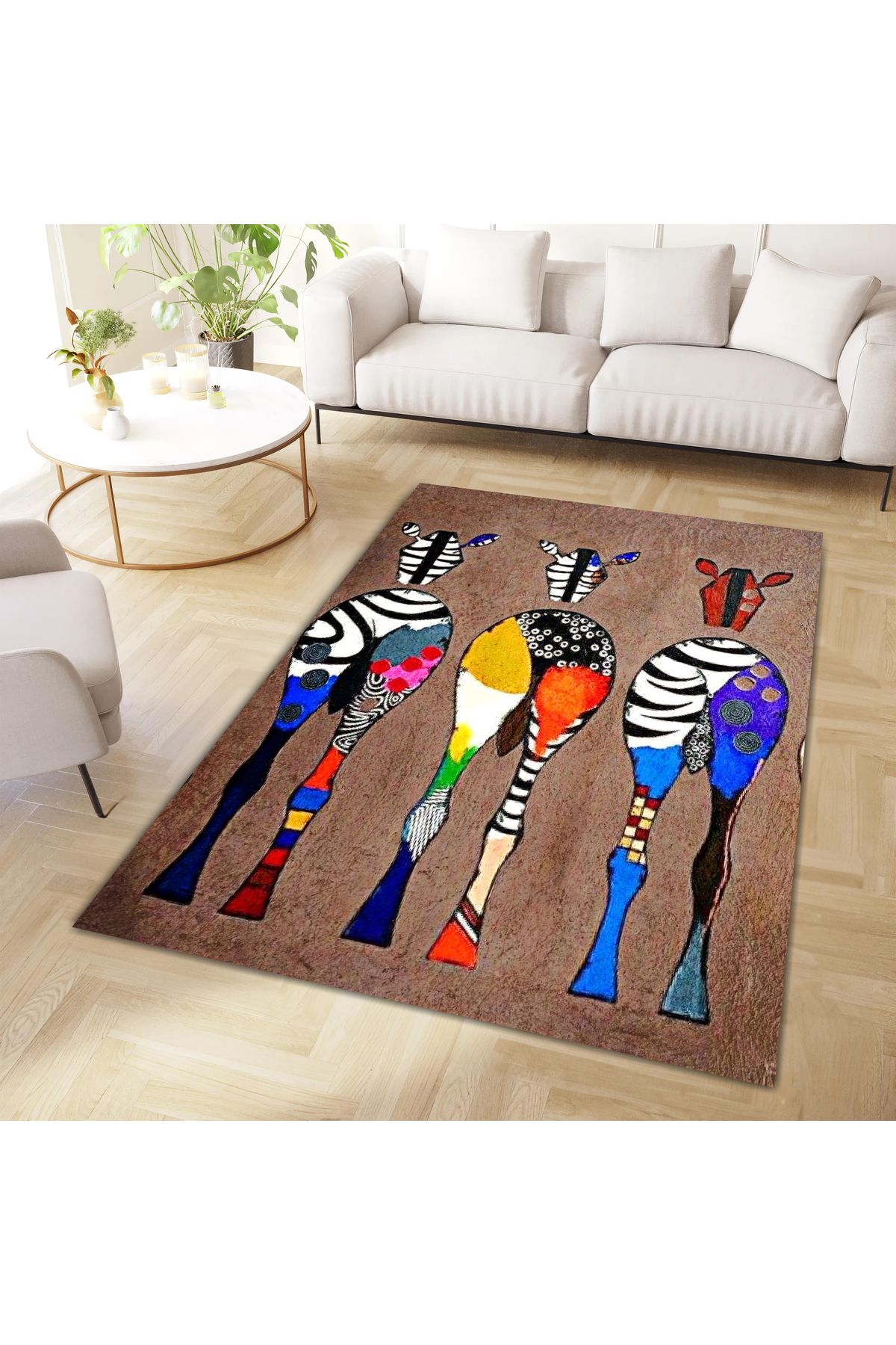 Kuzey Koleksiyonu Renkli Üç Zebra Desenli Dokuma Taban Dekoratif Halı kuzey30