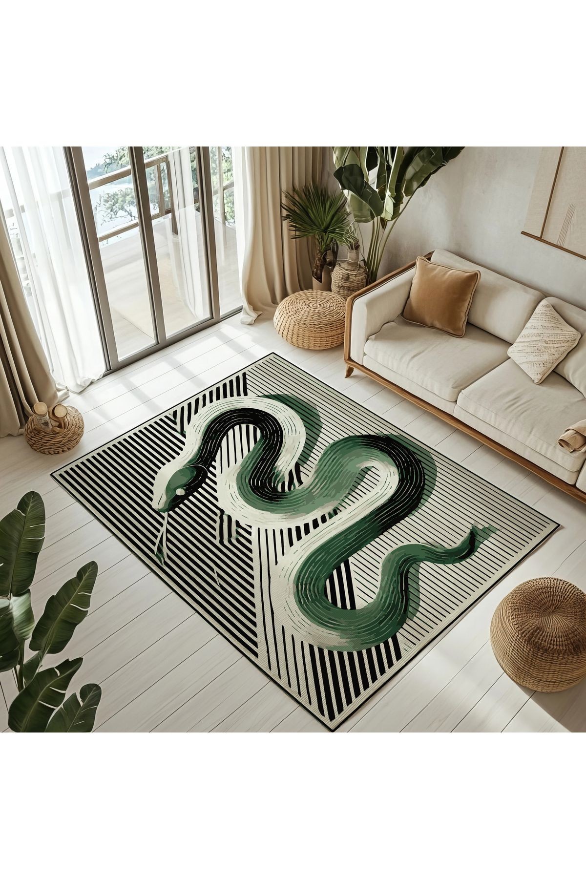 Nora Art 09 Yeşil Siyah Bej Yılan Figürlü Çok Renkli Dokuma Taban Dekoratif Salon Halısı
