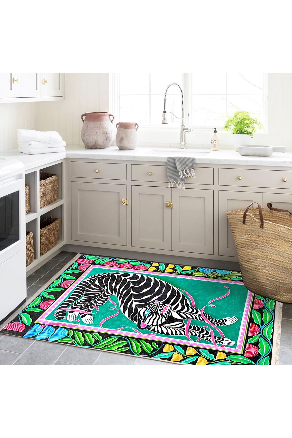 Özge Koleksiyonu Yeşil Pembe Temalı Vahşi Hayvan Desenli Dokuma Taban Dekoratif Halı özge50