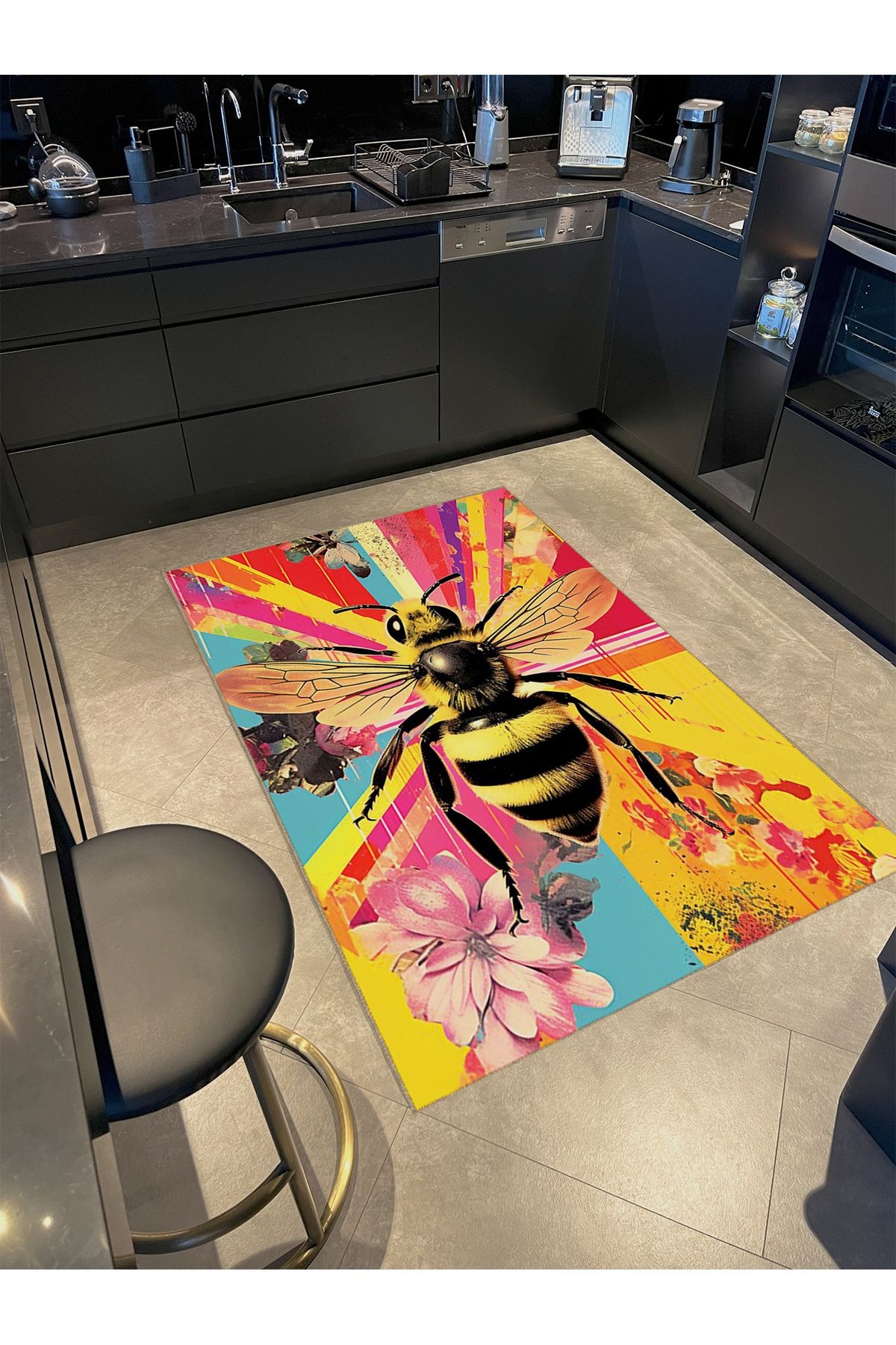 Kubilay Koleksiyonu Çok Renkli Çiçek Detaylı Arı Desenli Dokuma Taban Modern Dekoratif Halı 43
