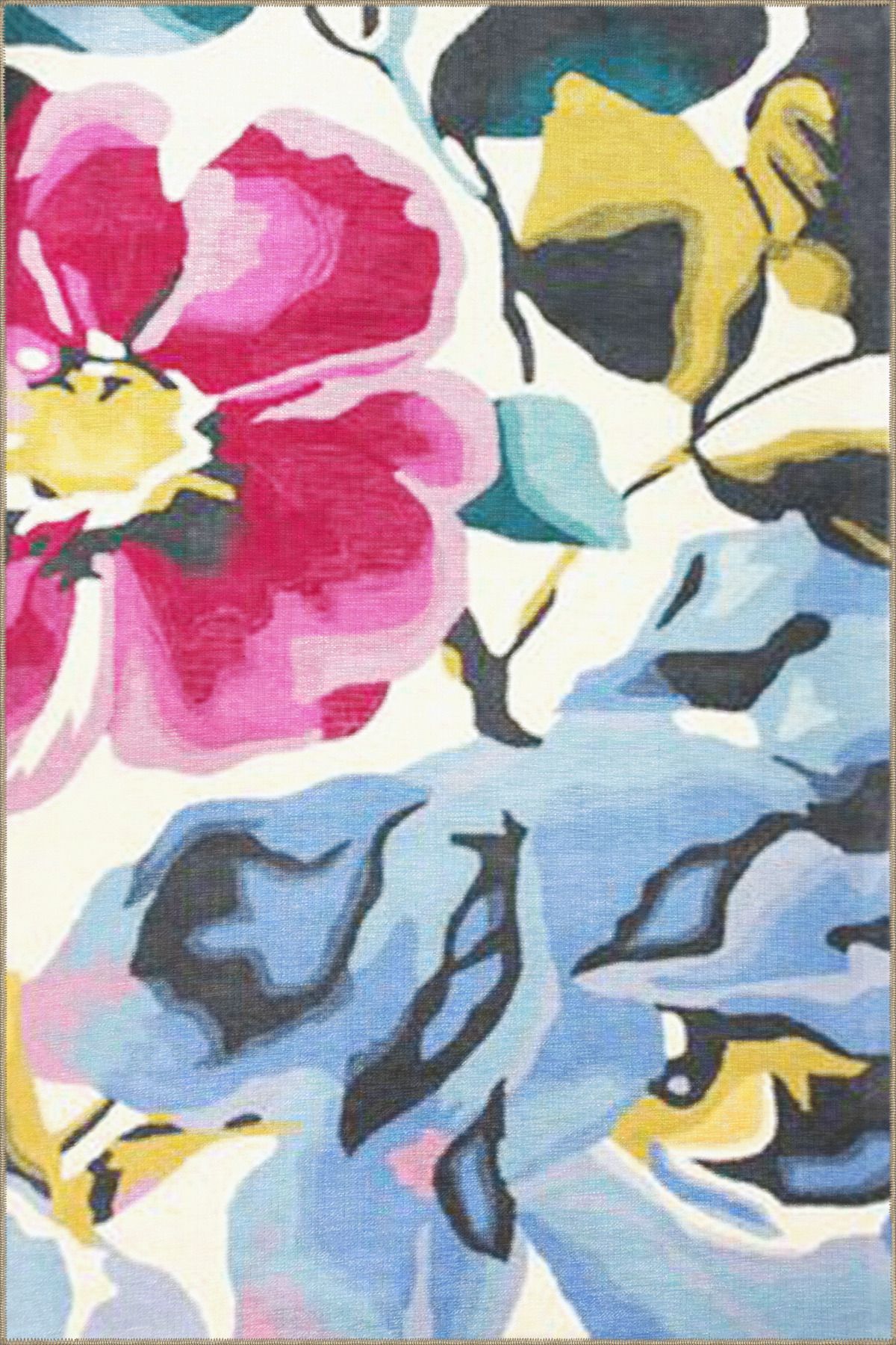 Pembe Mavi Temalı Floral Çiçek Desenli Modern Dekoratif Halı 3508