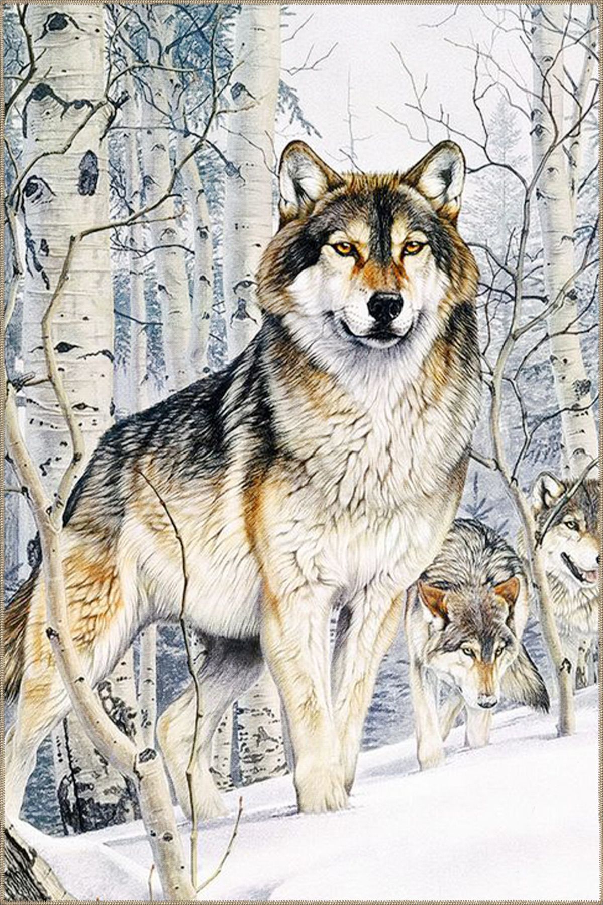 Beyaz Tonlarında Hayvan Kurt Desenli Dekoratif Halı miravip399