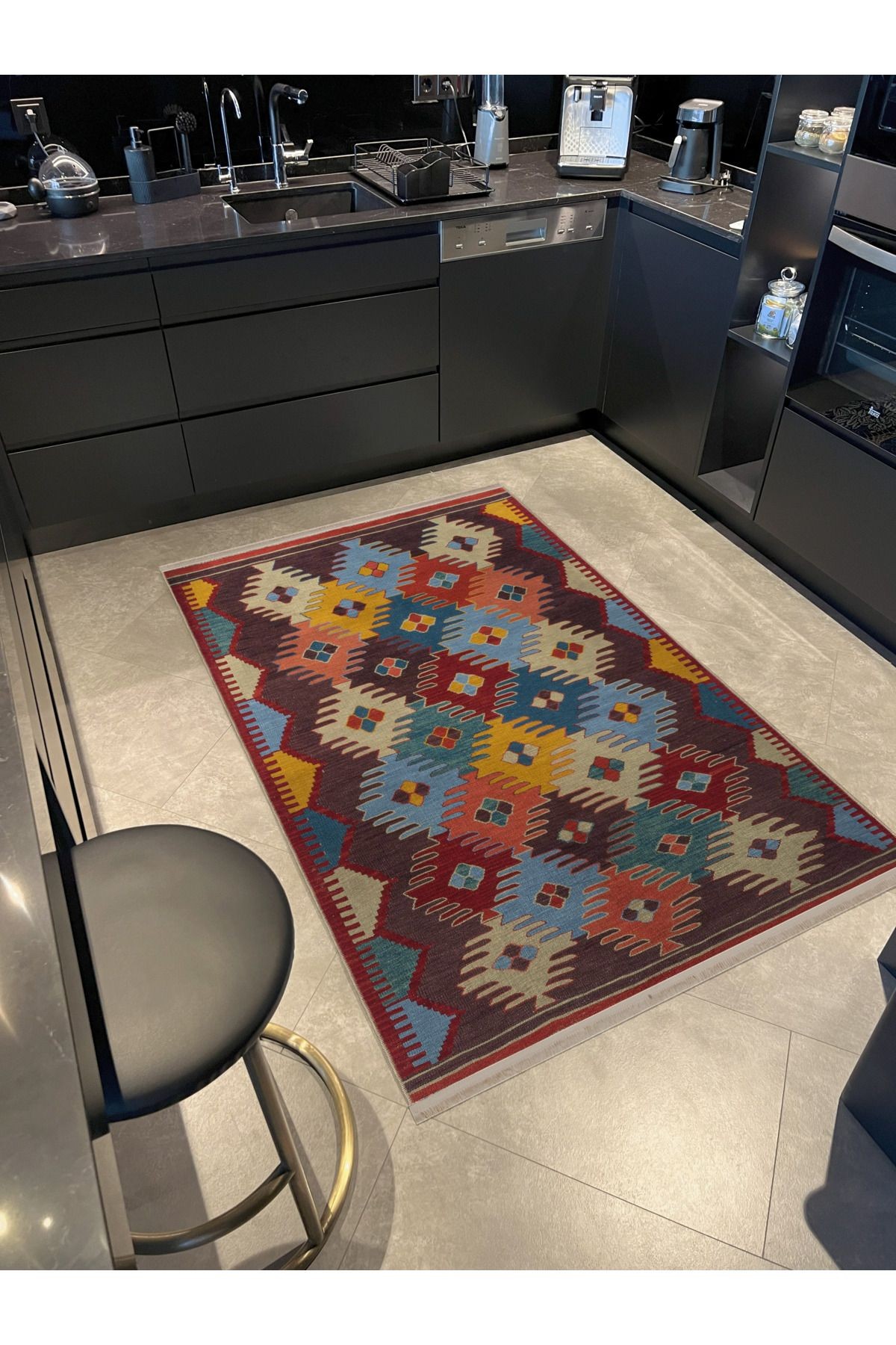 Çok Renkli Geometrik Motif Desenli Kreatif Vintage Dekoratif Halı 2685