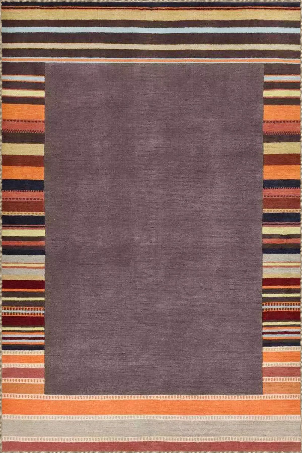 Çizgili Renkli Kahverengi DikdörgenDesenli Dokuma Taban Halı miravip969