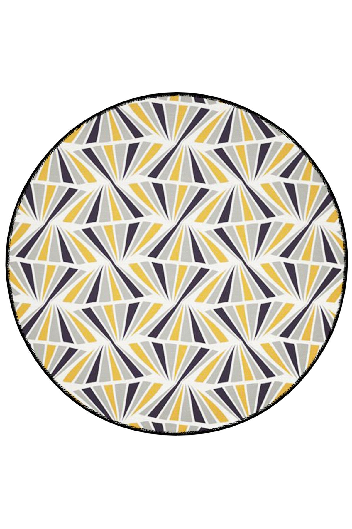 Sarı Gri Tema Geometrik Desenli Yuvarlak Dokuma Taban Modern Dekoratif Halı 6089