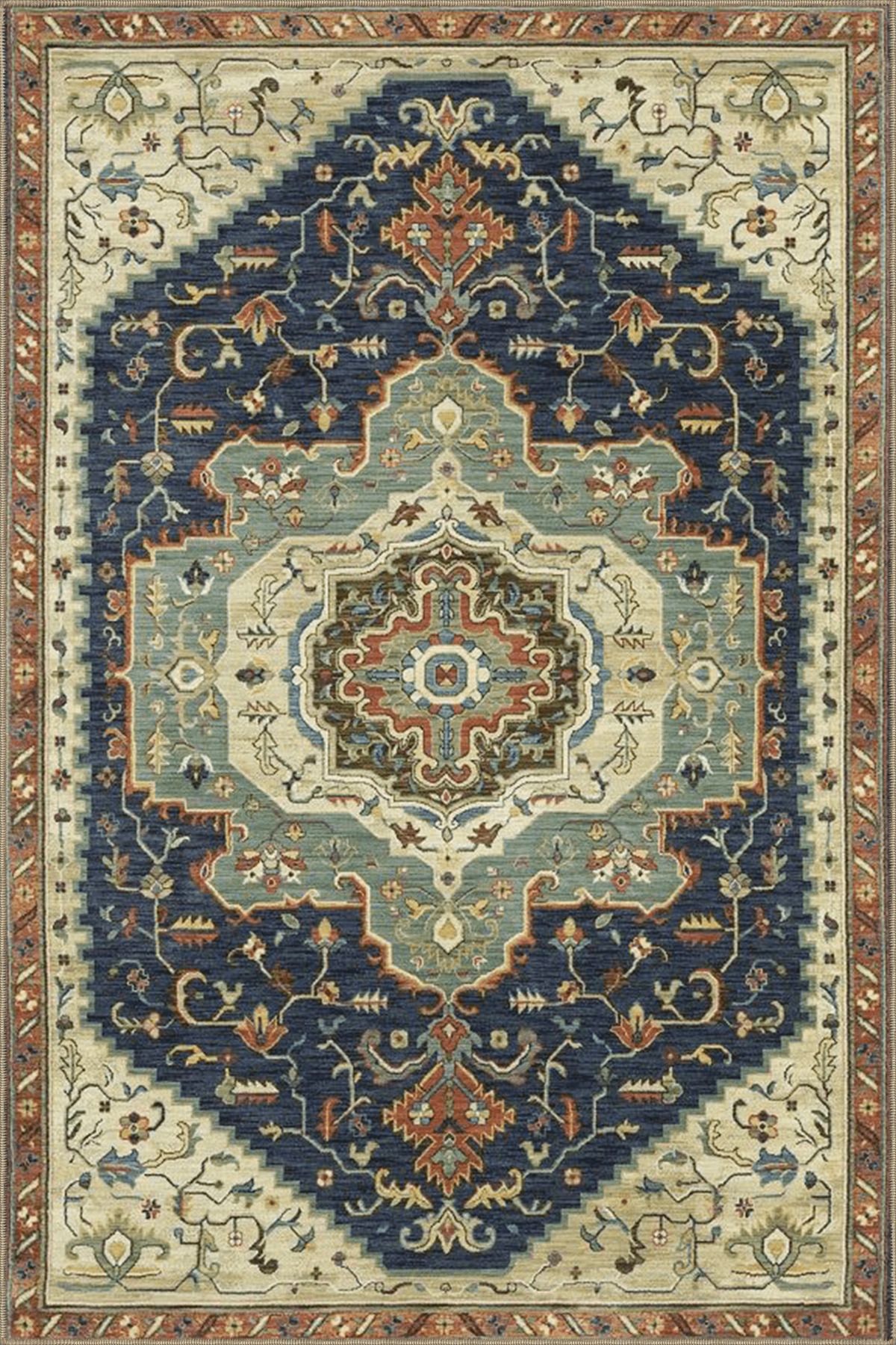 Lacivert Bej Temalı Geleneksel Motif Çiçek Desenli Vintage Dekoratif Halı 3946