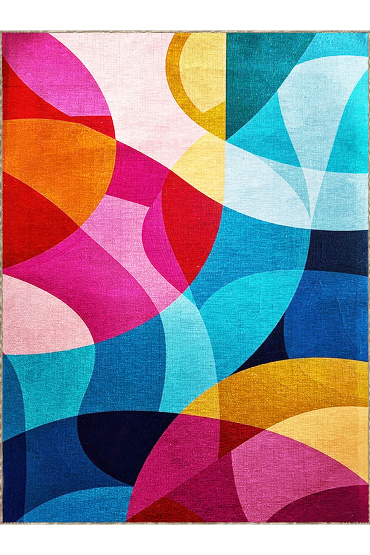 Emre Koleksiyonu Çok Renkli Soyut Detaylı Geometrik Desenli Dokuma Taban Modern Dekoratif Halı 33