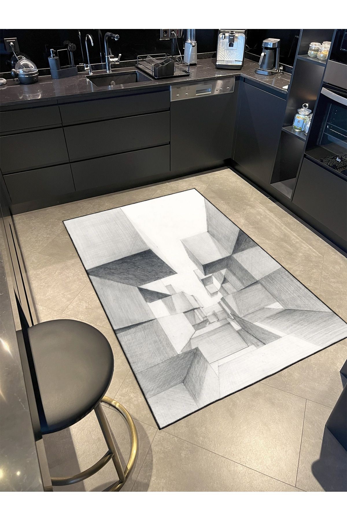 Karakalem Bina Çizimi Desenli Dekoratif ve Yıkanabilir Halı miravip9285