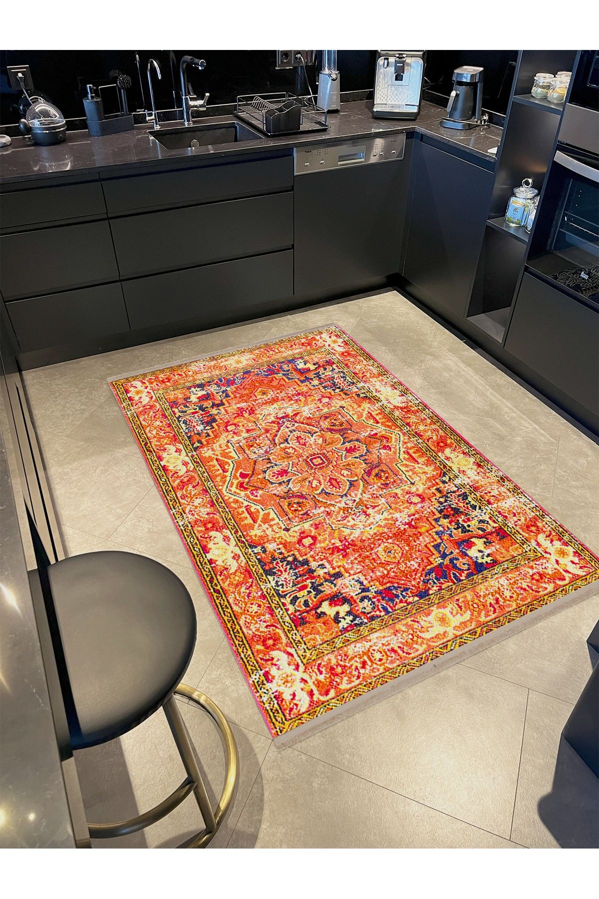 Asena Koleksiyonu Turuncu Tonlarda Çiçek Motifli Geleneksel Desenli Vintage Dekoratif Halı 33