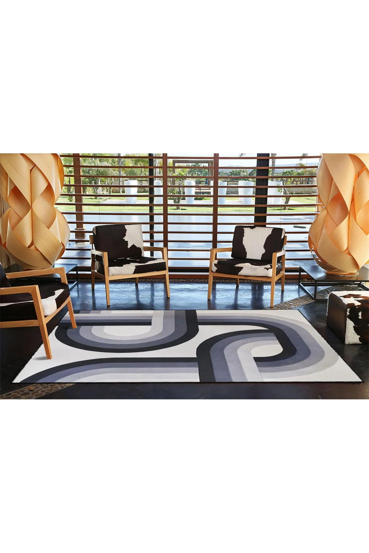 Lacivert Tonlarda Modern Temalı Desenli Dekoratif ve Yıkanabilir Halı miravip9322