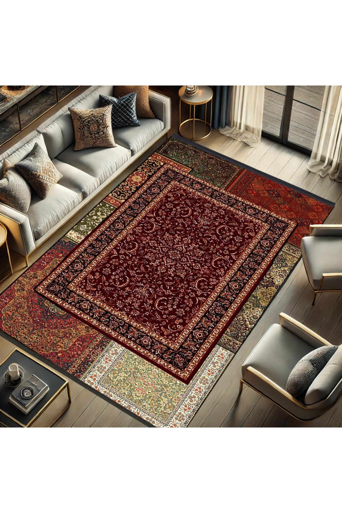 Kuvars Koleksiyonu Çok Renkli Vintage Motifler Desenli Dokuma Taban Etnik Dekoratif Halı kuvars34