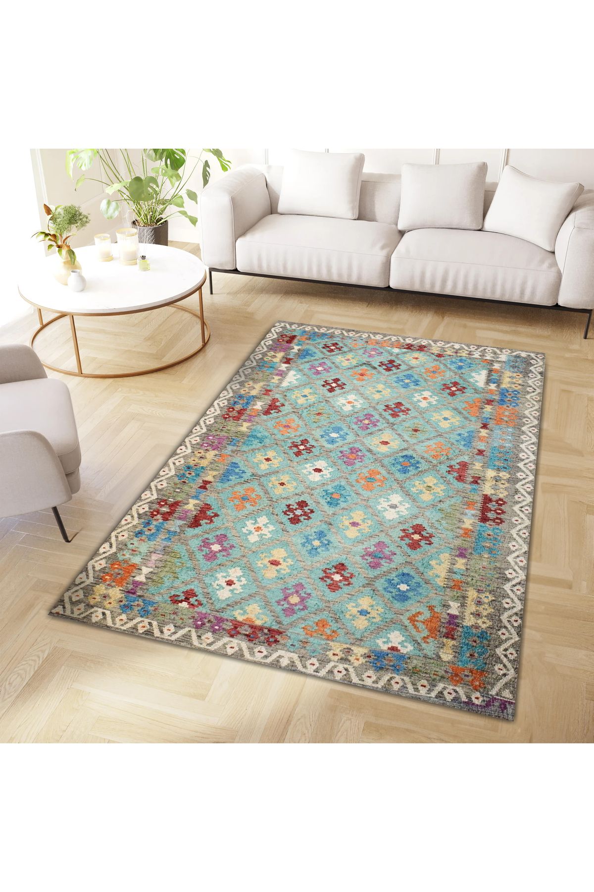 Mete Koleksiyonu Turkuaz Tema Etnik Motifler Desenli Vintage Dekoratif Halı 08