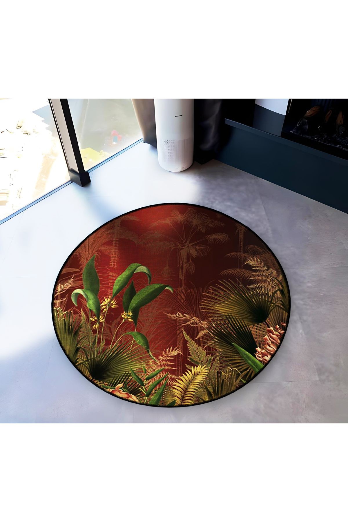 Bordo Tema Orman ve Bitki Desenli Yuvarlak Dokuma Taban Modern Dekoratif Halı 6141