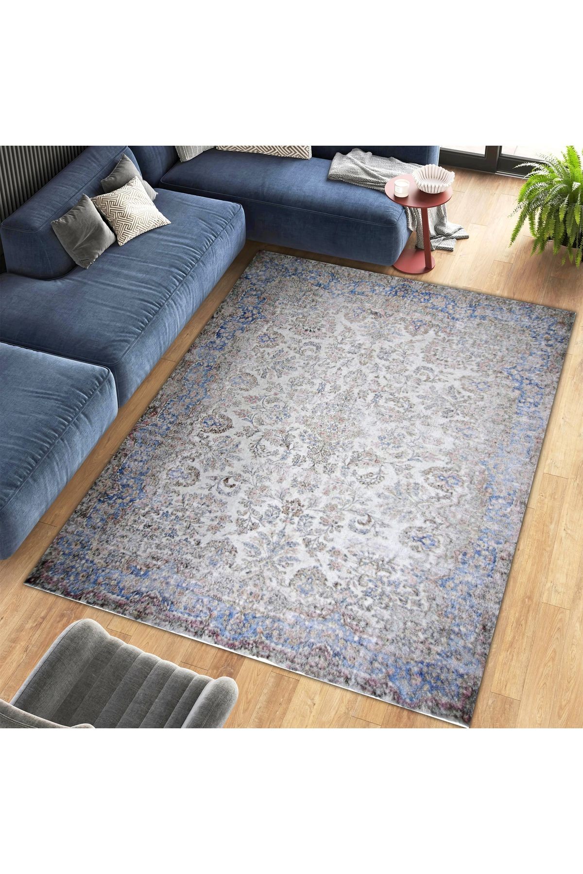 Asena Koleksiyonu Gri Mavi Temalı Geleneksel Motif ve Çiçek Desenli Vintage Dekoratif Halı 07