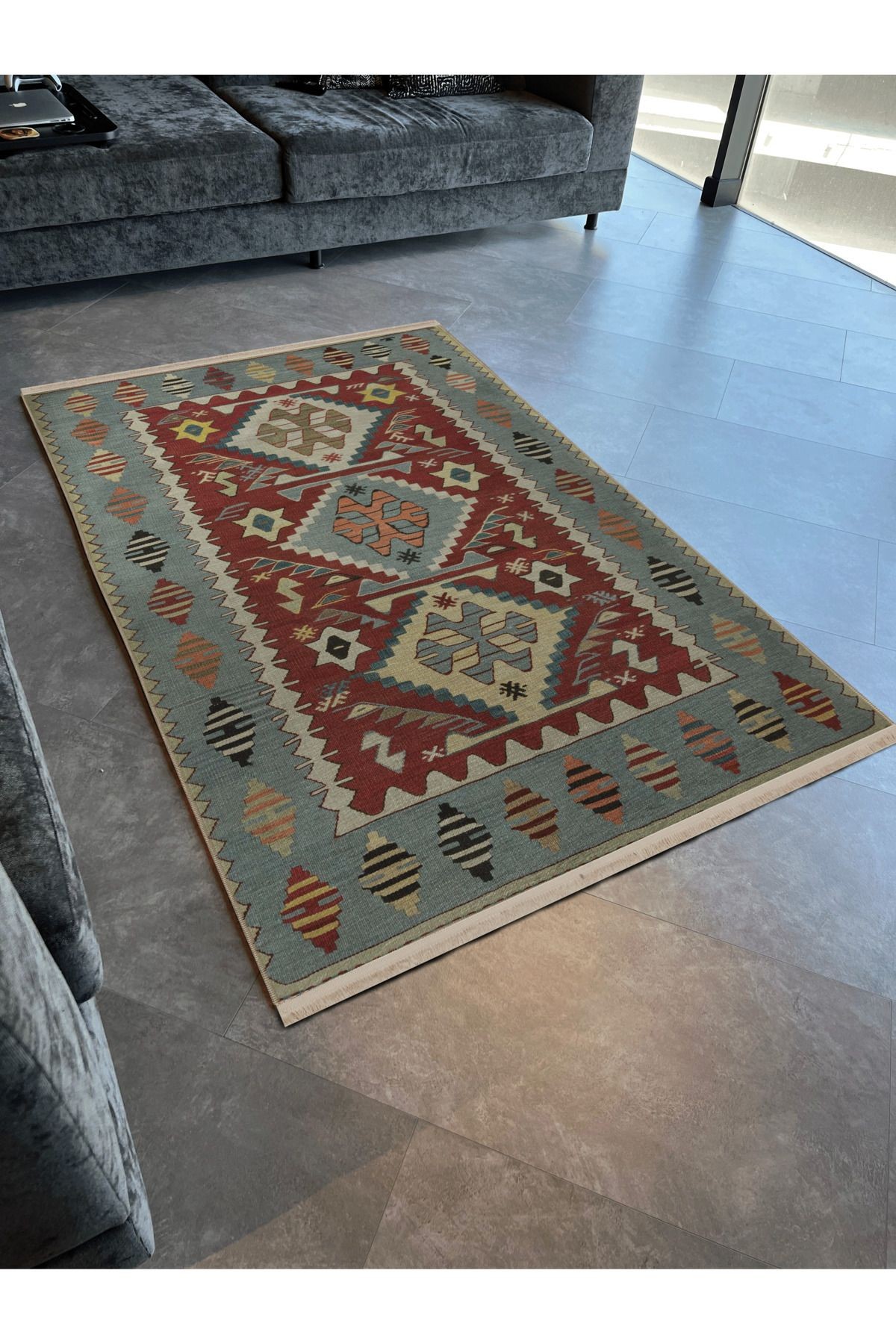 Gri Bordo Temalı Geleneksel Motif Etnik Desenli Kreatif Vintage Dekoratif Halı 2790