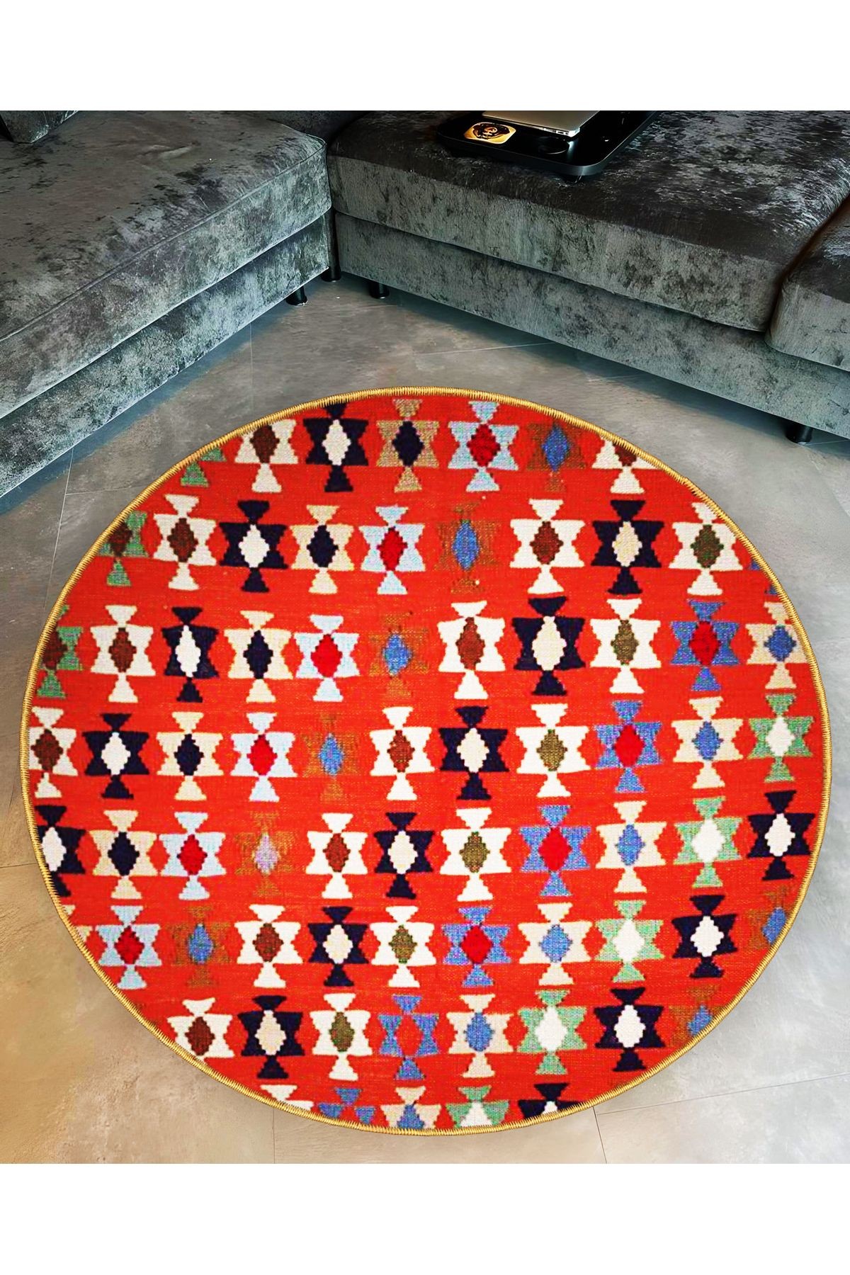 Kırmızı Temalı Çok Renkli Etnik Motif Desenli Yuvarlak Dokuma Taban Vintage Dekoratif Halı 6216