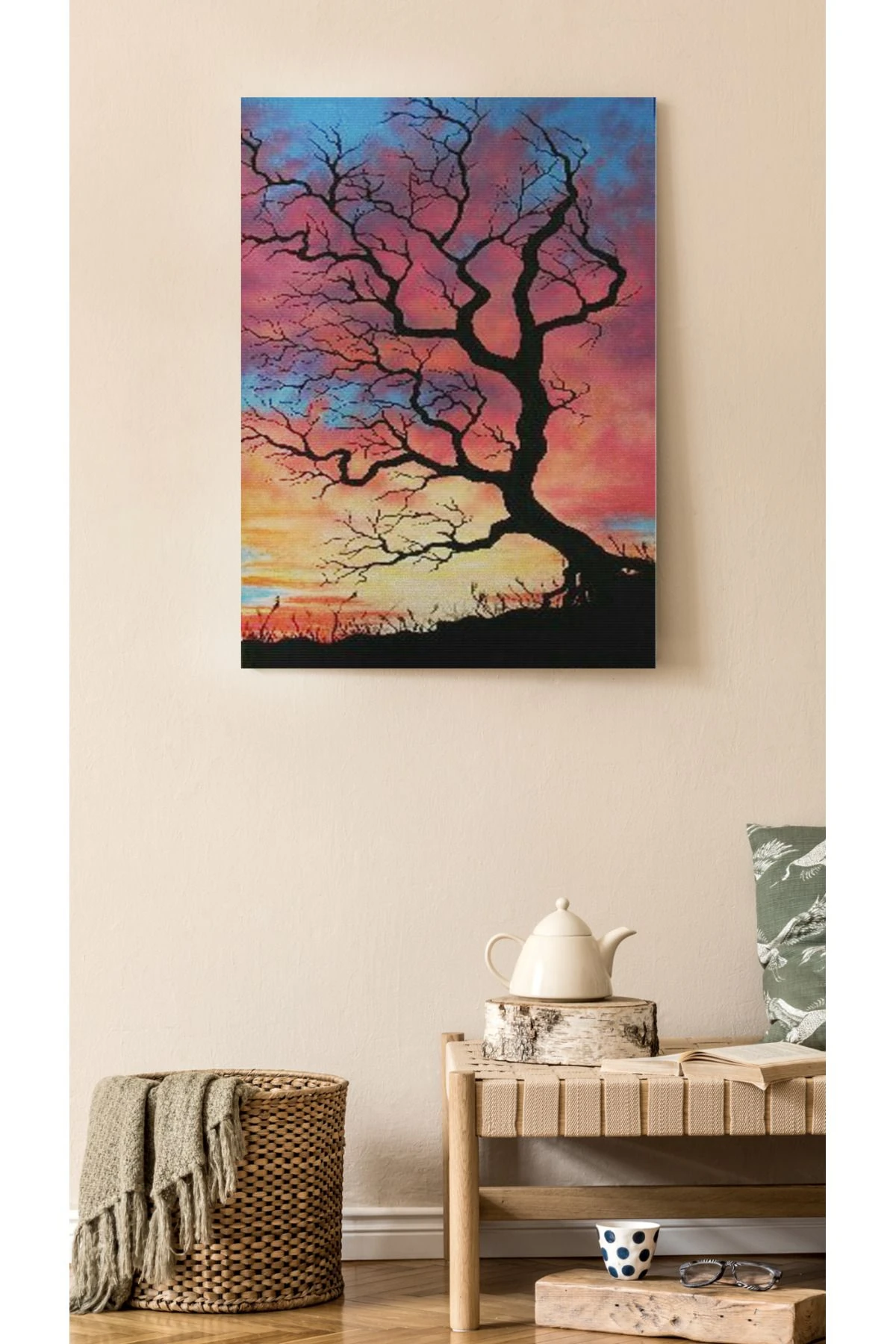 Kanvas Tablo Gün Batımı ve Kuru Ağaç Desenli Temalı Tablo