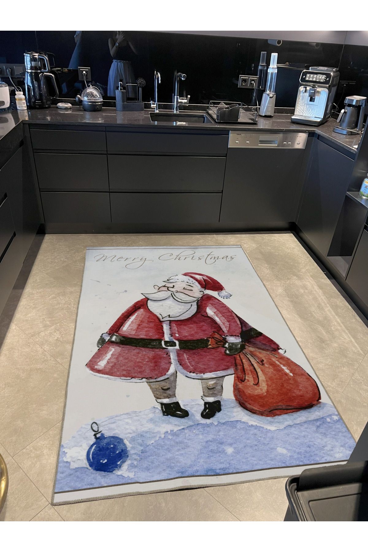 Mavi Bej Yılbaşı Temalı Noel Baba Desenli Kreatif Modern Dekoratif Halı 2239