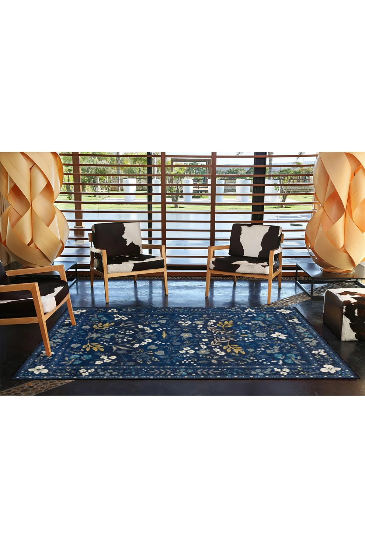 Lacivert Renkli Çiçekli Floral Geometrik Modern Dekoratif Halı miravip156