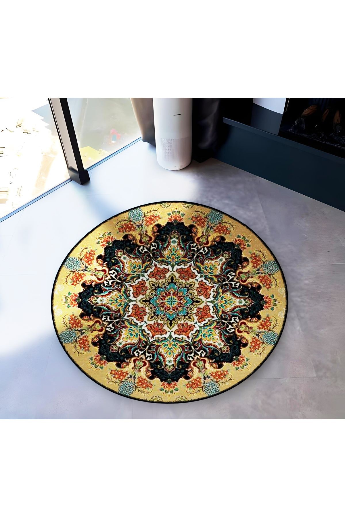 Mira Yuvarlak Sarı Detaylı Antik Dokuma Taban Modern Dekoratif Halı 5678