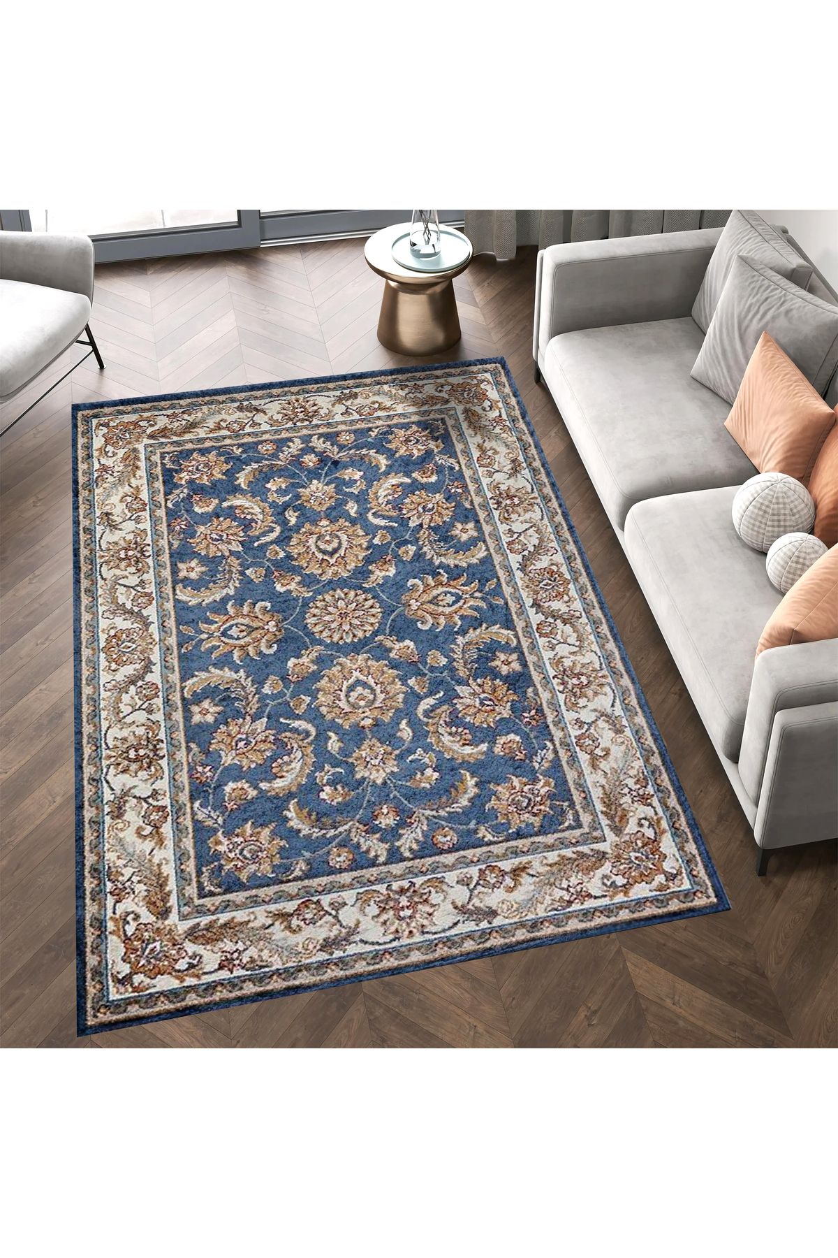 Kuzey Koleksiyonu Mavi Bej Etnik Desenli Dokuma Taban Dekoratif Halı kuzey12