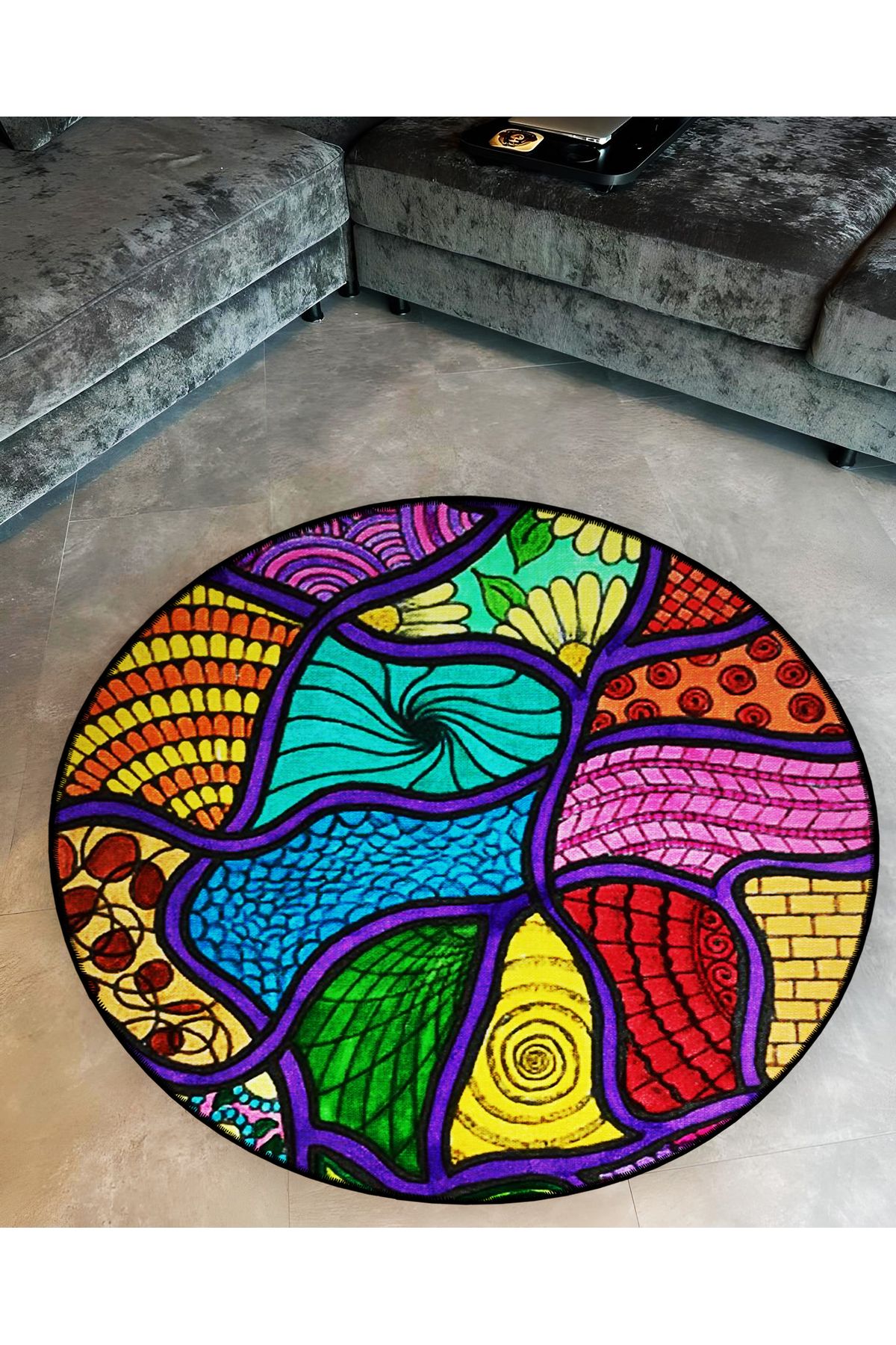 Mira Yuvarlak Çok Renkli Mor Çizgi Detaylı Dokuma Taban Modern Dekoratif Halı 5661