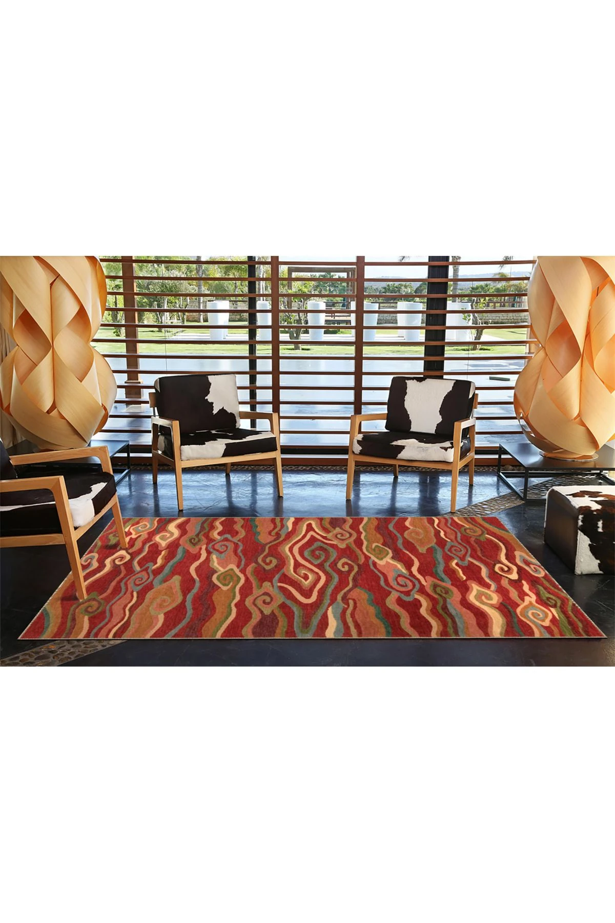 Kırmızı Tonlarda Dalga Desenli Kreatif Halı 3718