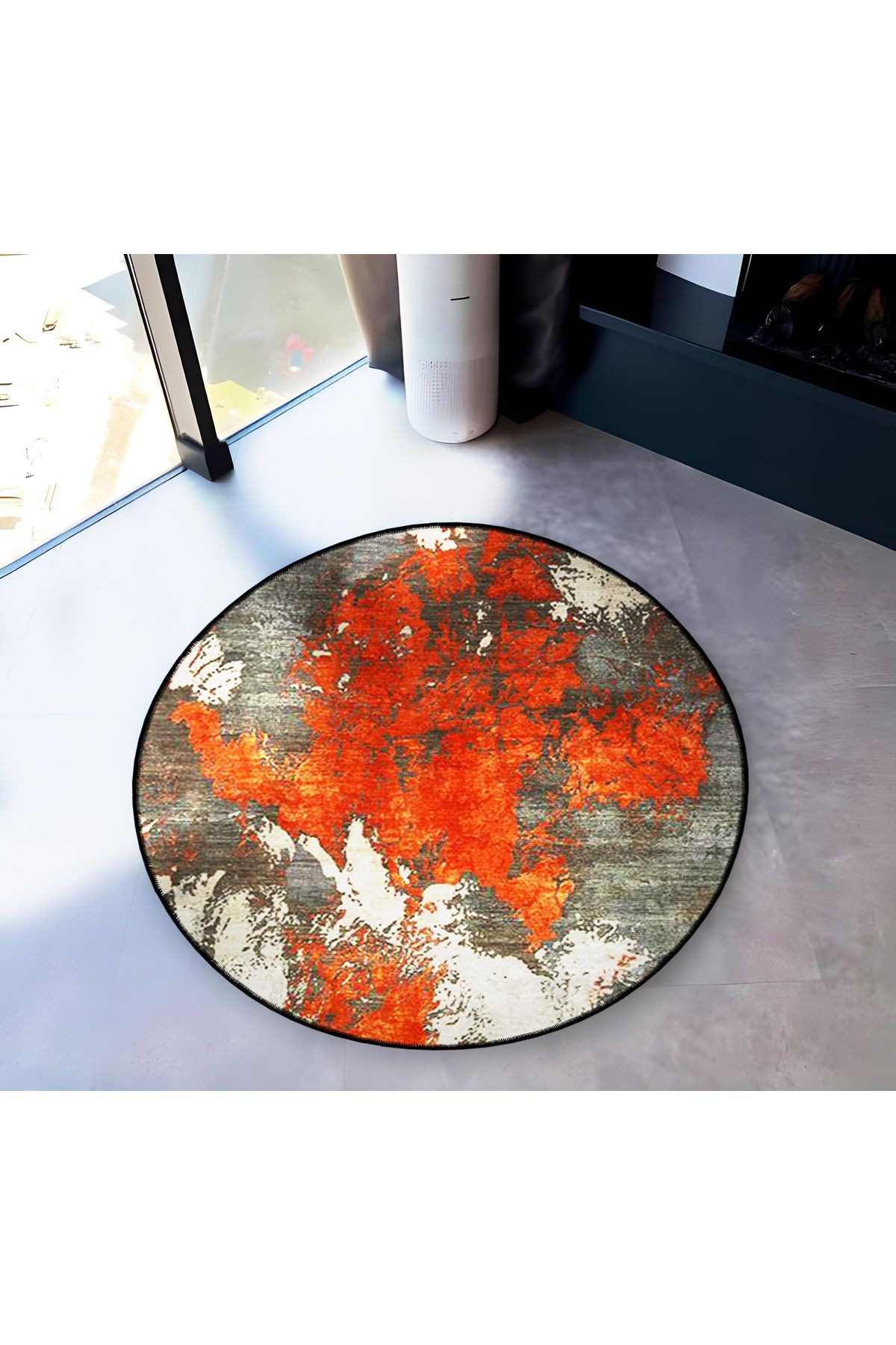 Turuncu Gri Temalı Soyut Abstract Desenli Yuvarlak Dokuma Taban Modern Dekoratif Halı 6179