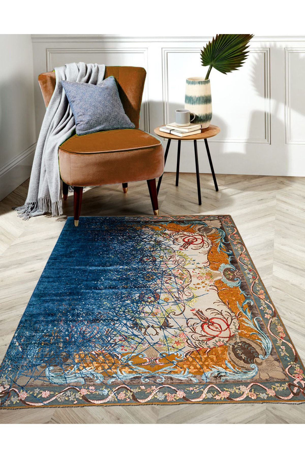 Mira 1216 Vintage Lacivert Kahve Baskılı Dokuma Taban Halı