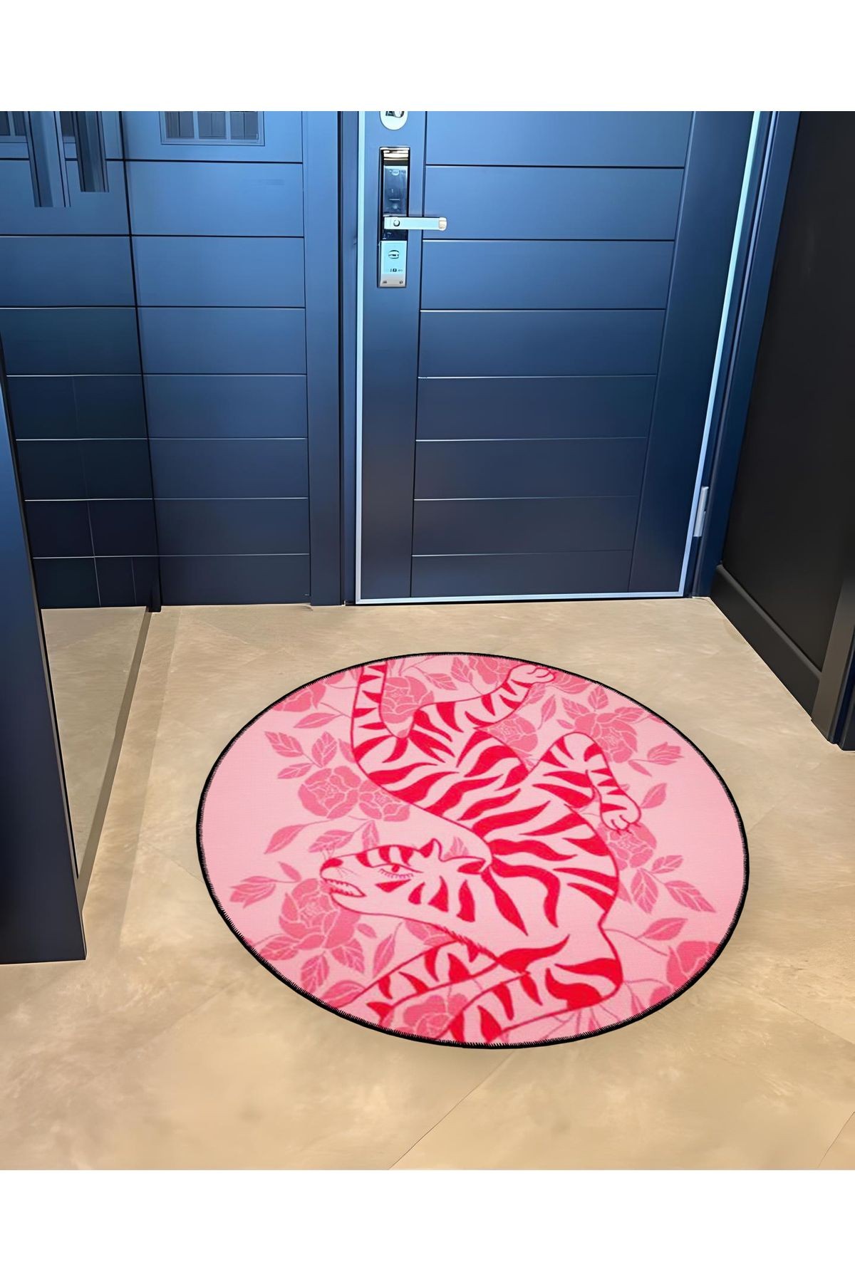 Pembe Tema Kaplan Desenli Yuvarlak Dokuma Taban Modern Dekoratif Halı 6112