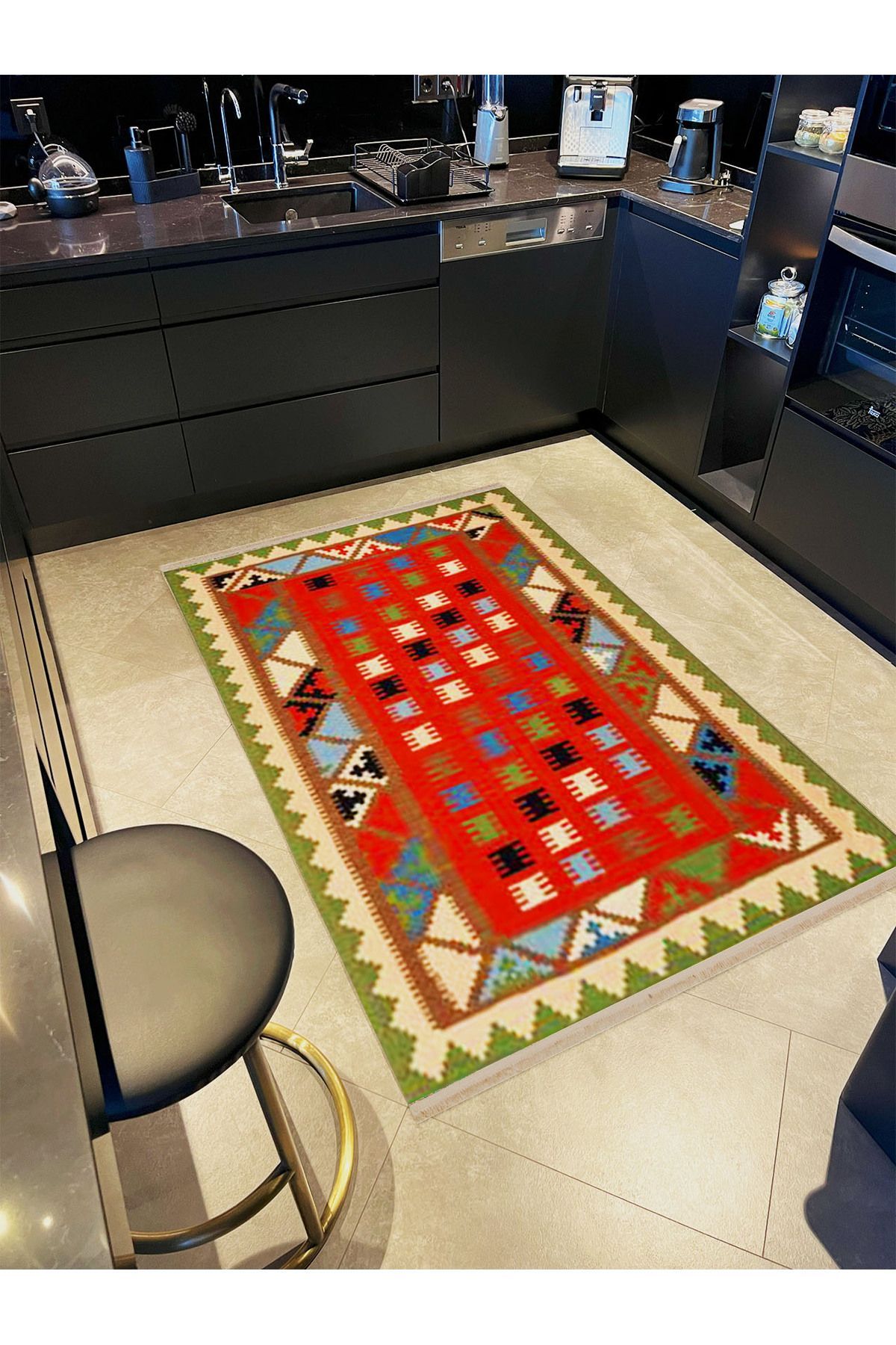 İnci Koleksiyonu Çok Renkli Geometrik Desenli Dokuma Taban Vintage Dekoratif Halı inci24