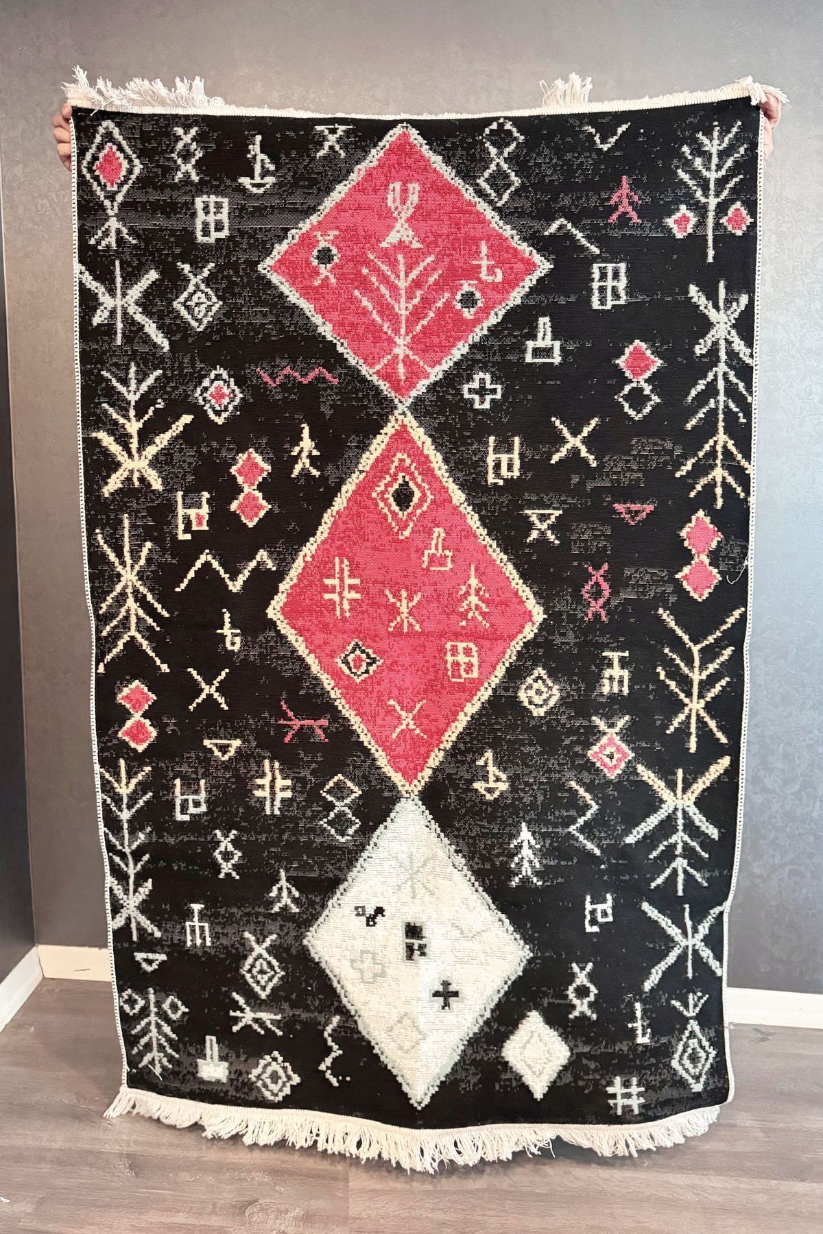 Alara Koleksiyonu Kırmızı Sarı Mavi Ve Siyah Kırmızı Çift Taraflı Pamuk Dokuma Saçaklı Kilim alara02