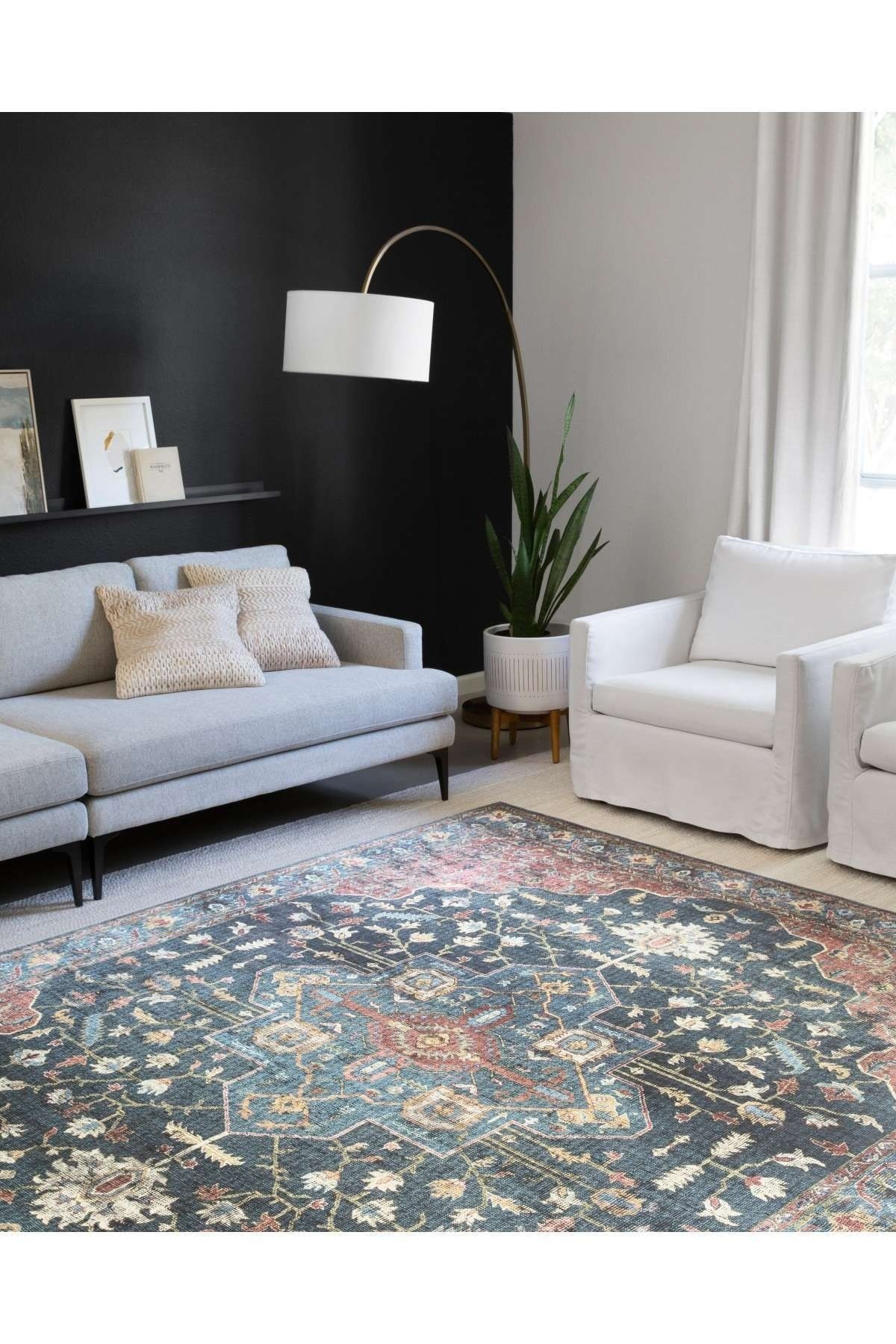 Etnik Klasik Lacivert Desenli Pastel Dokuma Taban Dijital Baskılı Halı Mira 1377