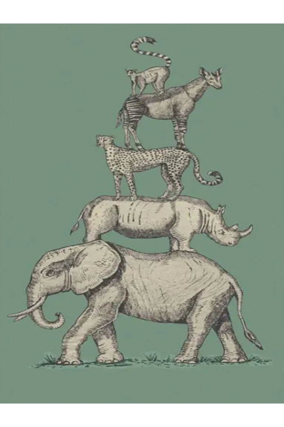 Güney Koleksiyonu Yeşil Ton Tema Fil Gergedan ve Leopar Figürü Desenli Modern Dekoratif Halı 03