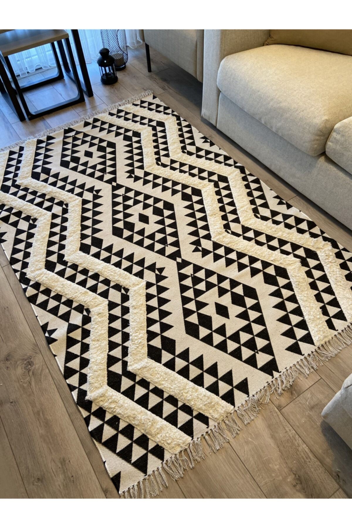 Rustik 4019 Siyah Beyaz Iskandinav Boho Stil Kilim