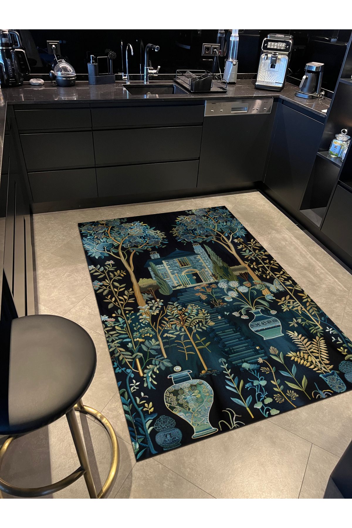 Fiorella Mavi Yeşil Ev Temalı Bahar Çiçekleri Tema  Dokuma Taban  Dekoratif Halı 7006