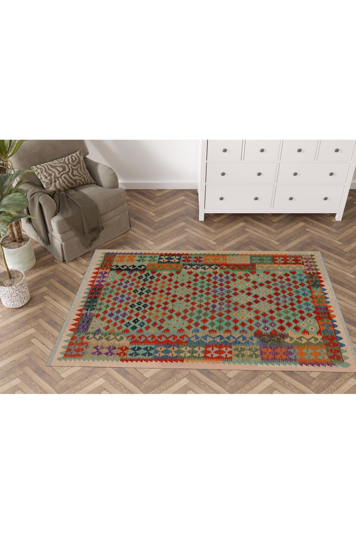 Cotton 572 Otantik Çok Renkli Saçaklı Etnik Dokuma Taban Kilim